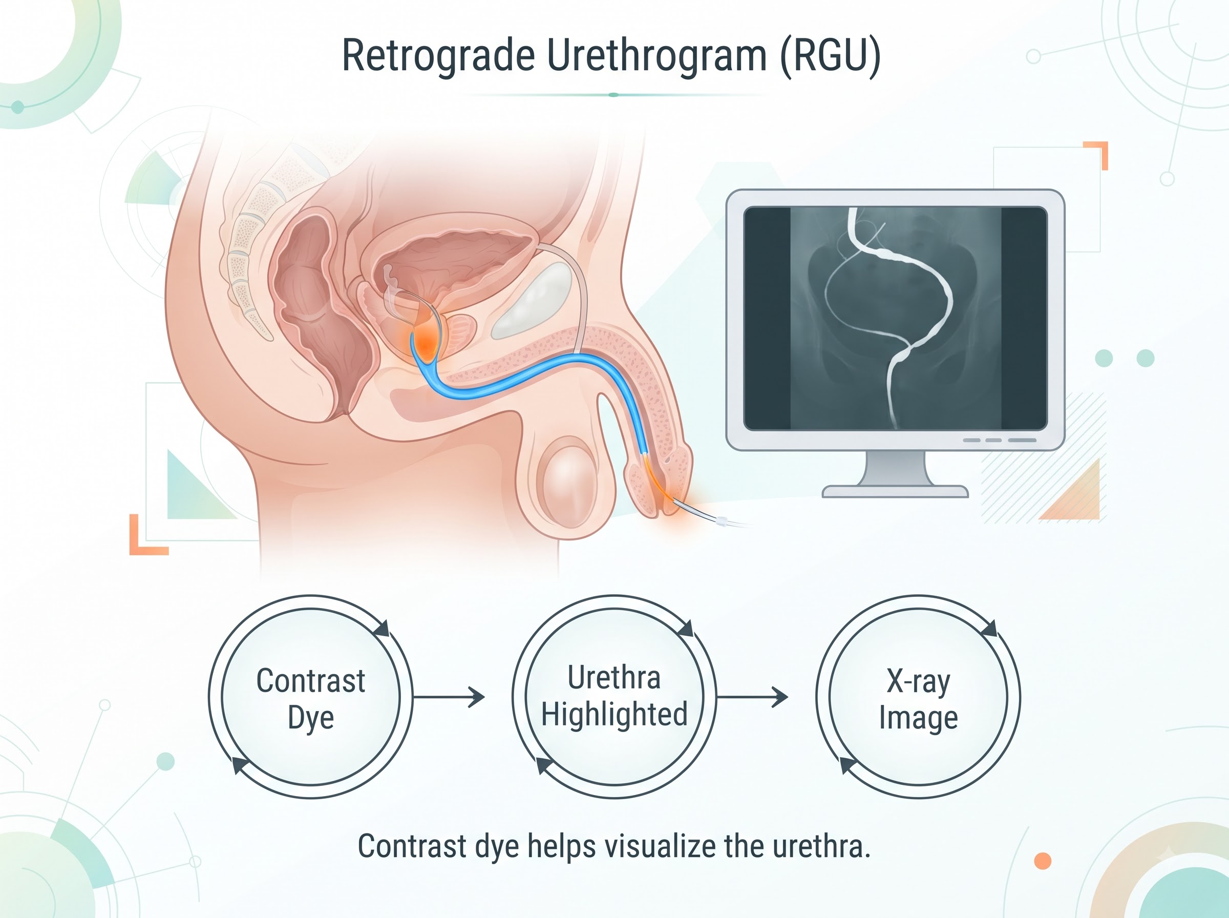Retrograde urethrogram (RGU): contrast dye is introduced into the urethra so X-ray images can show narrowing